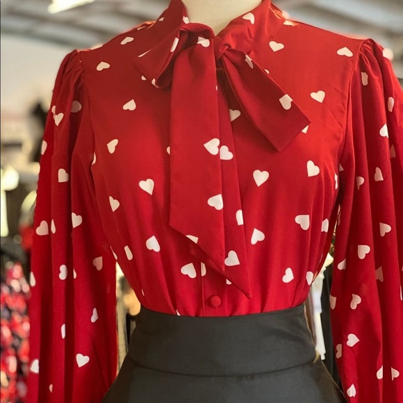 Unique Vintage Tops - Unique Vintage Red White Hearts Blouse (button down blouse)